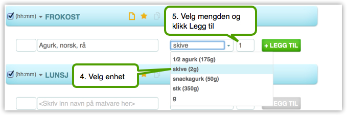 Steg 2: Søke etter og legge til matvarer i kostdagbok