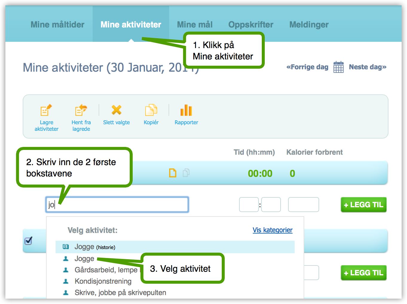 Steg 1: Søke etter og legge til mine aktiviteter