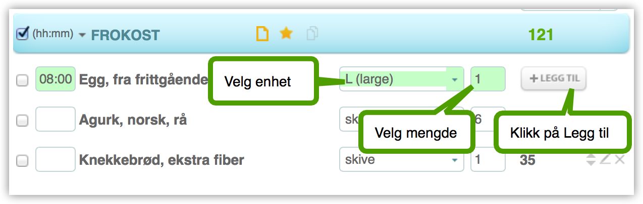 Steg 2: Hvordan redigere matvaren i kostdagboken